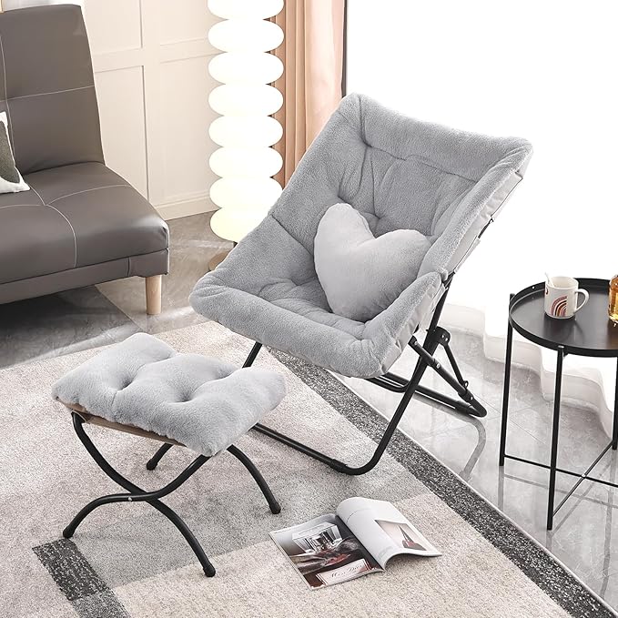 Comfy Saucer Chair with Ottoman Oversized Folding Faux Fur Chair Soft Furry Lazy Chair with Metal Frame Moon Chair Accent Chair for Bedroom Living Room Dorm Rooms Grey