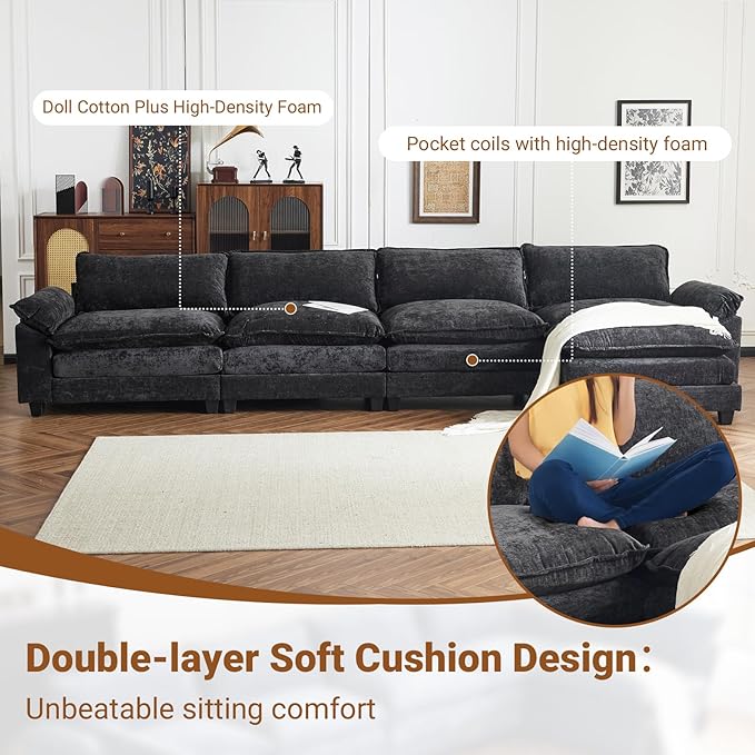 VINGLI 157 Cloud Black Convertible Sectional Sofa Comfy L-Shape Extra Deep Seat Sofa Couch for Living RoomModern Chenille 4-Seat Convertible Sofa with Movable Ottoman for Small Space