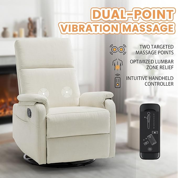 Swivel Rocking Recliner with Massage Small Glider Chair for Nursery Modern-Designed Armrests Chair for Adults Living Room Chenille Beige