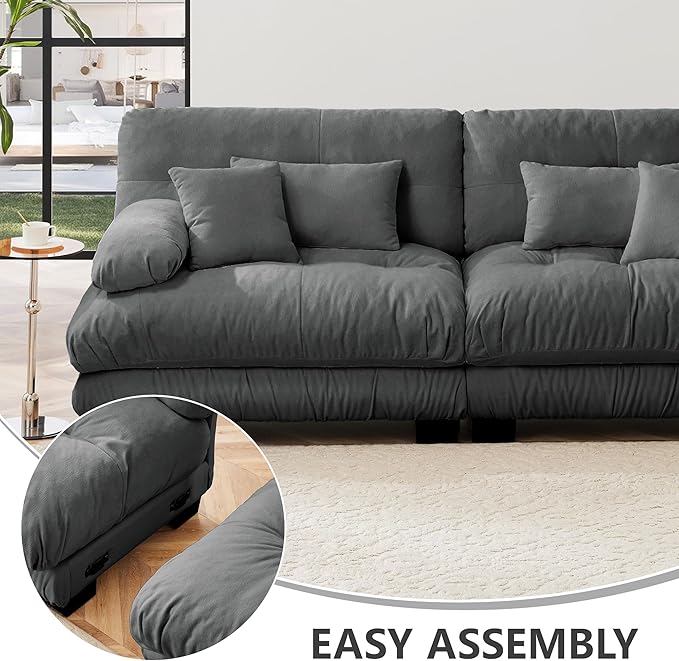 Modular Sectional Sofa 133.8 Comfy Chenille Cloud Couch 3 Seater Sectional Home Sofa Living Room Modern Deep Seat Oversized Couch with Square Armrests and 5 Pillows Grey