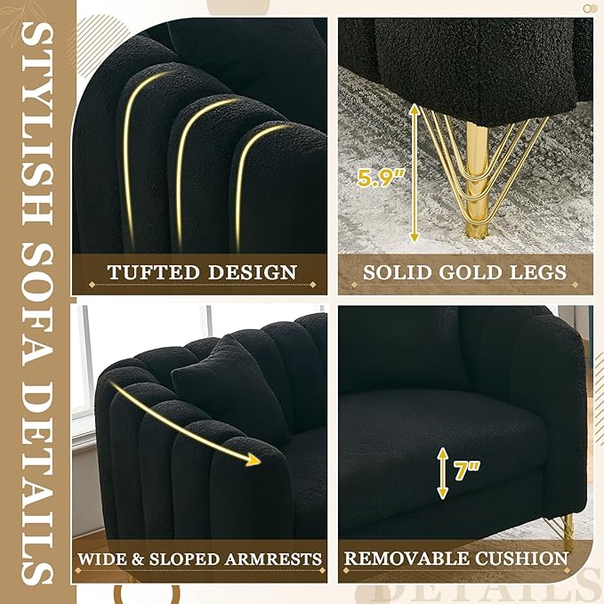 Black Cloud Couch for Living Room 63.5 Modern Comfy Overstuffed Deep Seat Tufted Sofa with Gold Legs &amp Pillows Plush Teddy Boucle Upholstered Curved Loveseat Settee with Round Arm (Black 2 Sea