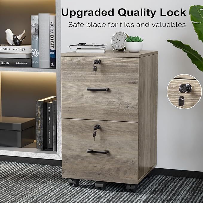 VINGLI 2 Drawer File Cabinet with Lock Wood Rustic Gray Filing Cabinet for Letter Size File Folders with Tabs Under Desk Rolling File Cabinets for Home Office Mobile File Organization Printer Stand