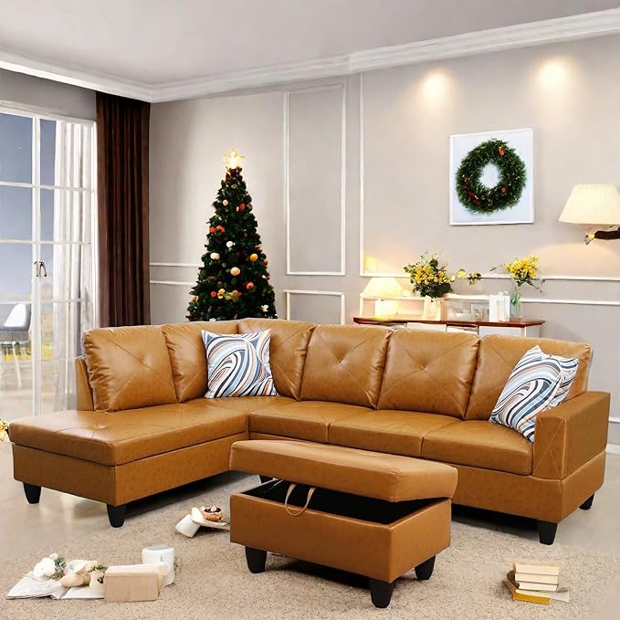 FONTOI L Shaped Sectional Couch with Otttoman 97 Leather Sectional Sofa for Living Room Modular Couches with Cup Holders for Bedroom Apartments Ginger