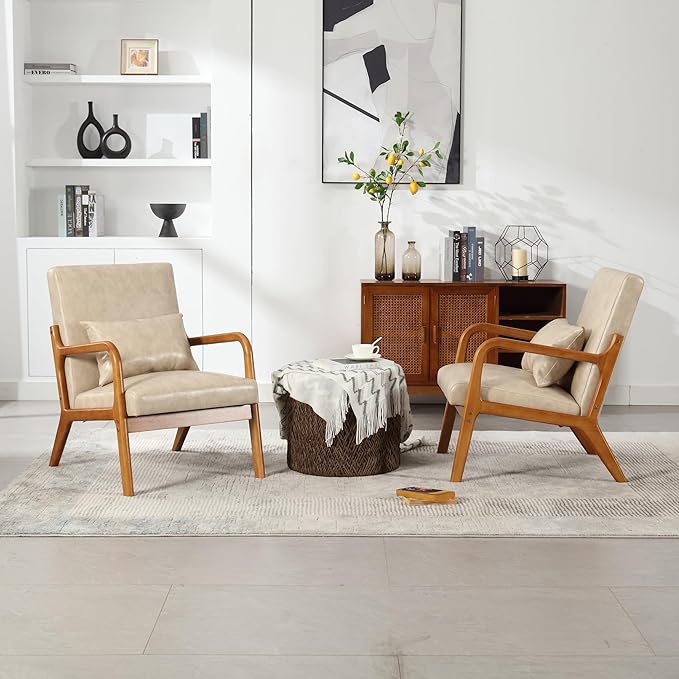 Modern Accent Chair Solid Wood Padding Lounge Armchairs with One Pillow for Living Room Bedroom Guest Room (Khaki PU)