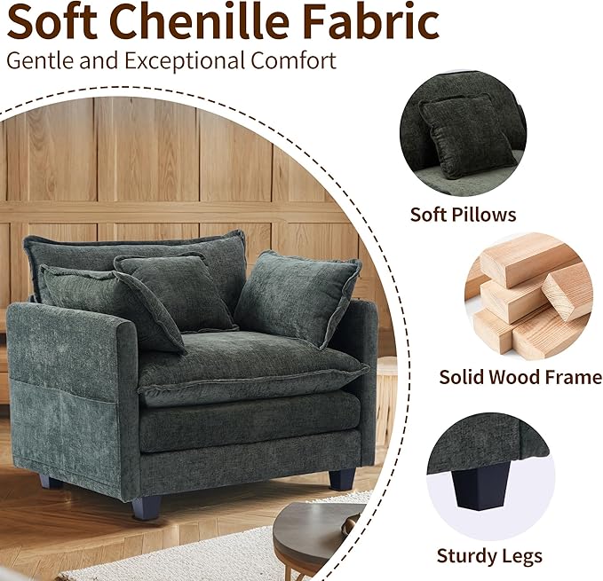 SweetGO corporation 40 Chenille Lounge Chair for Reading Modern Couch Cozy Sofa Bed Upholstered Living Room Single Sofa Accent Chair with Ottoman Green
