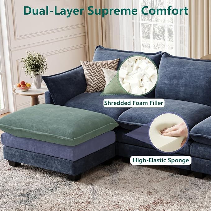 Modular Sectional U Shaped Sofa Couches for Living Room Cloud Couch with Movable Ottoman Comfy Chenille Sofa with Pillow for Bedroom and ApartmentBlue