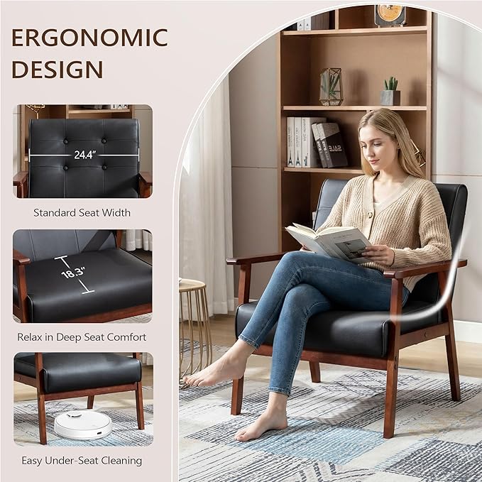 JIASTING Mid-Century Retro Modern Accent Chair Wooden Arm Upholstered Tufted Back Lounge Chairs Seat Size 24.4 18.3 (Deep) (Square Leg Black)