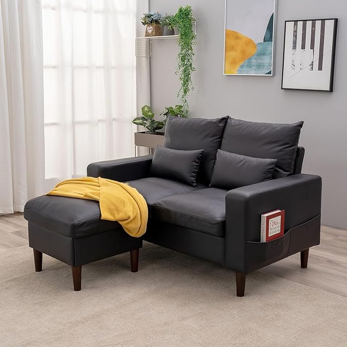 Panana Convertible Sectional Sofa CouchL-Shaped 2 or 3-Seat Sofa Sectional with Reversible Ottoman for Small Living Room Apartment (Black Leather Look Fabric 2 Seater with Ottoman - Track arms)