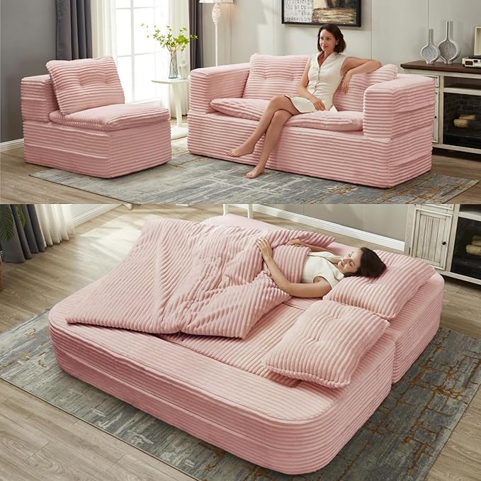 Folding Convertible Sectional Sofa Bed Corduroy Floor Couch Loveseat Lounge Chaise for Office Apartment80 King Size BedBaby Pink