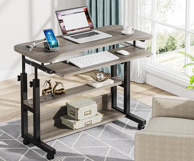 Tribesigns Portable Desk with Power Outlets Height Adjustable Side Table Sofa Couch Bedside Laptop Computer Cart with USB Charging Ports Mobile Small Standing Desk with Keyboard Tray