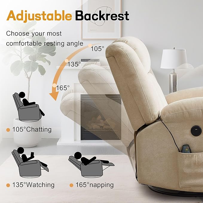 Rocker Recliner Glider Recliner Chairs for Adults 360° Swivel Rocking Chair with Massage and Heating Nursery Chair with Storage and USB Charging for Living Room Bedroom Nursery