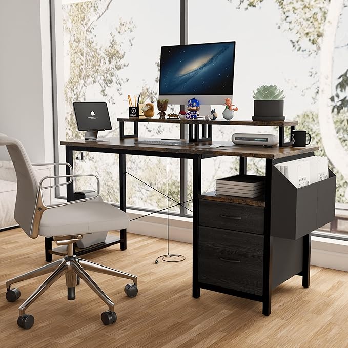 Computer Desk with Drawer and Power Outlets 47 Office Desk with 2 Monitor Stands and Fabric File Cabinet Writing Gaming Table with Shelves and Hooks for Home Office Rustic Brown