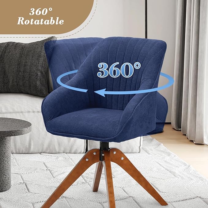 Athena Collection Modern Accent Chair Comfy Swivel Reading Chair for Adults Soft Upholstered Fabric Armchair with Wooden Legs for Living Room Bedroom Dorm Office Blue