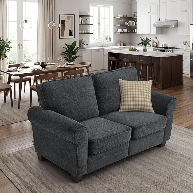 MCombo 67.7 Loveseat Sofa 2-Seater Small Couch for Small Spaces Classic Rolled Arm Upholstered Sofa with Solid Wood Legs for Living Room Removable Cover Chenille Fabric VE730 (Dark Grey)