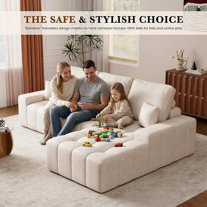 108'' Modular Sectional Sofa with Chaise Lounge L Shape Faux Leather Cloud Boneless Couch 3 Seater Deep Seat and 3 pcs Back Cushions for Living Room Bedroom(Right Facing)