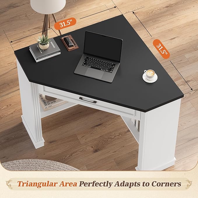 SEDETA 31.5 White Corner Desk Small Corner Desk for Small Space Farmhouse Triangle Computer Desk with Drawer and Storage for Home Office Living Room Bedroom Vanity Desk