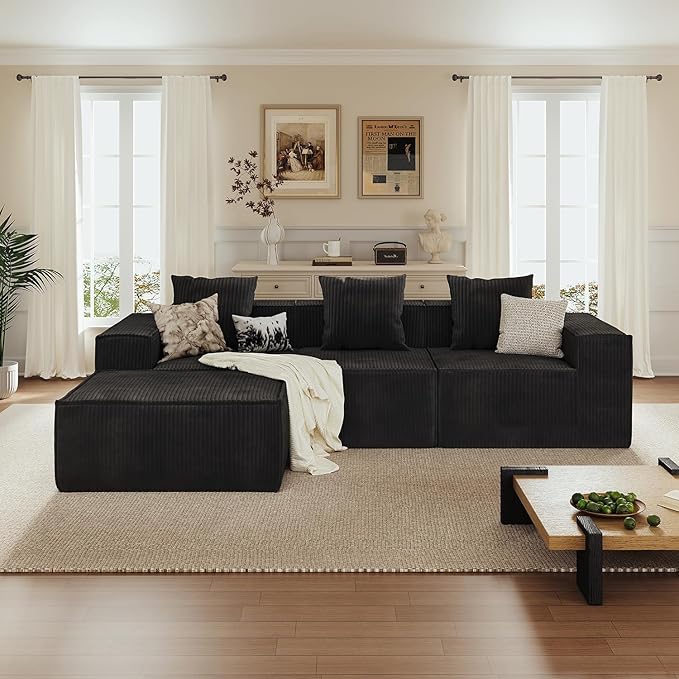 110” Sectional Couches for Living Room 3 Seat Grey Corduroy Convertible Boneless Couches Sofa Bed with Pillows Home Sofa Living Room Bedroom Memory Foam Modular Couch Daybed Lazy Floor Bed