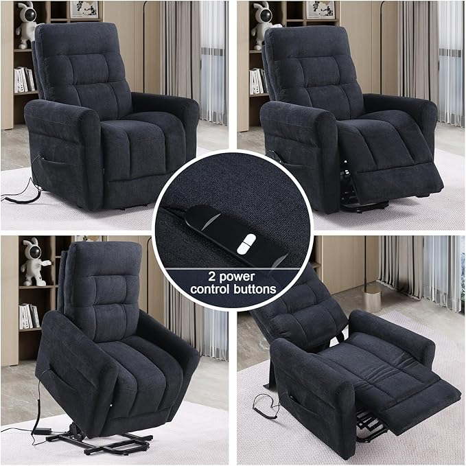 Power Lift Recliner Chair Electric Power Lift Recliner Chair for Elderly Single Seat Chenille Reclining Sofa with Side Pocket for Bedroom Living Room Office (Black)