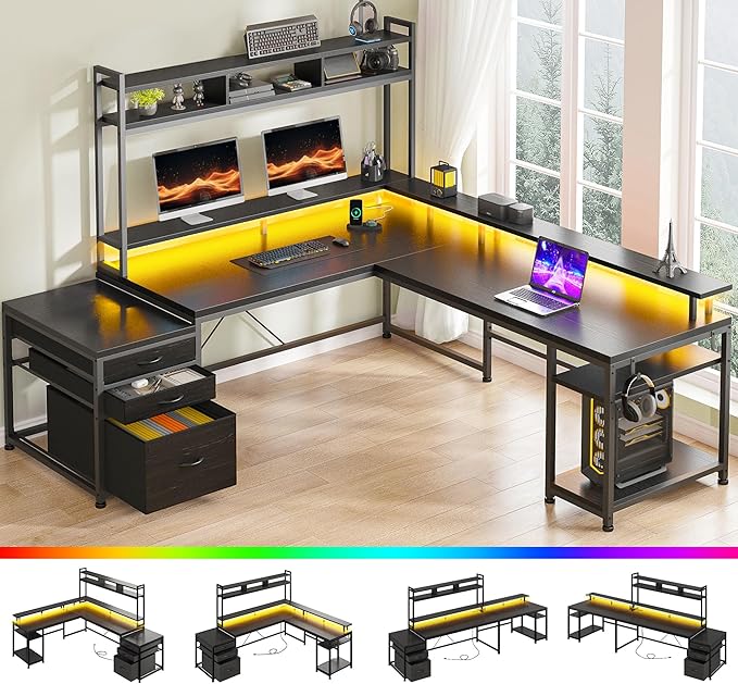 EnHomee 64 x 60 Inches L Shaped Desk with Hutch and Drawers Gaming Desk with Power Outlet &amp Monitor Stand &amp LED Lights Computer Corner Desk Two Person Office Desk for Living Gaming Room B