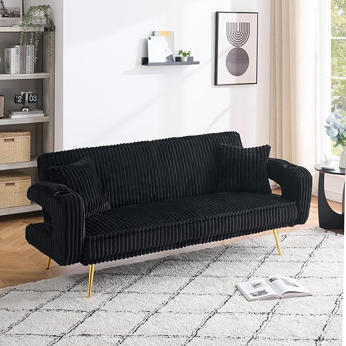 73 Convertible Futon Sofa BedModern Corduroy Sleeper Couch with 3 Reclining BackrestsGolden Chrome LegsComfy Cloud Sofa Loveseat for Small Living Room Bedroom Office (Black)