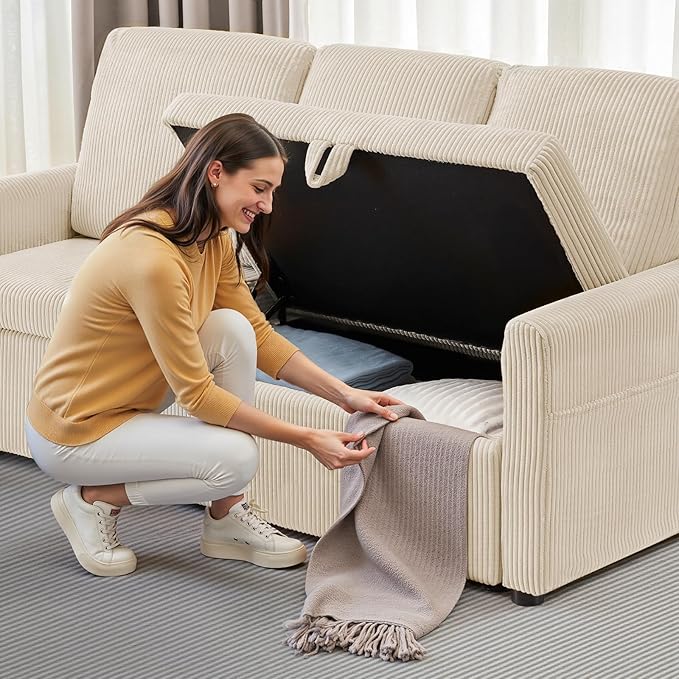 Sectional Sofa for Living Room 71 Corduroy Fabric Modern 3 Seater Sofa with Seats Storage &amp Side Pockets Upholstered W/Deep Seat Couch for Small Space Bedroom Apartment Beige