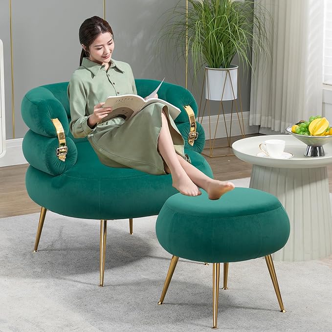 Velvet Oversized Armchair Accent Chair with Ottoman Mid-Century Modern Living Room Chairs Single Sofa Chair with Metal Legs Upholstered Tufted Reading Chairs for Bedroom Office (Green)