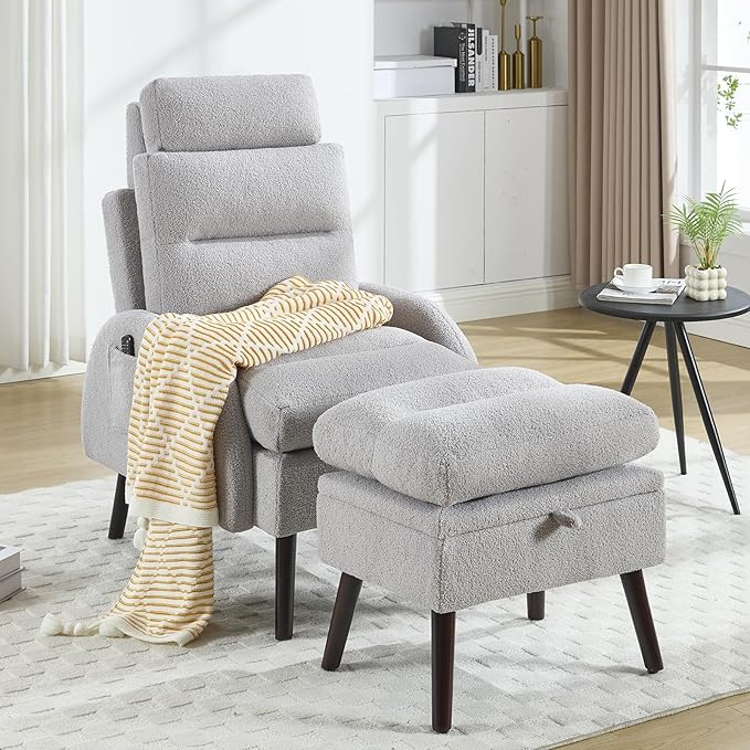 Accent Chair with Ottoman Set Comfy Teddy Reading Chair and Ottoman Modern Oversized Lounge Armchair with Adjustable Backrest for Living Room Bedroom Light Grey