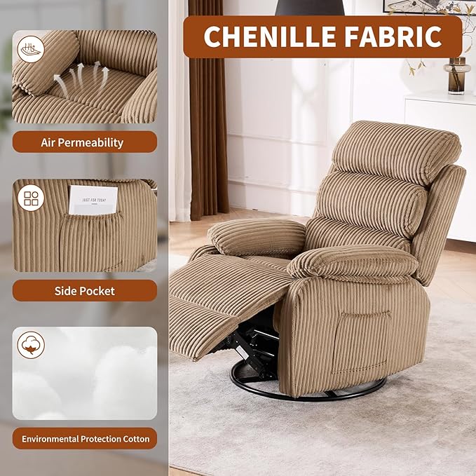 Velvet Upholstered Glider Recliner Chair – 360° Swivel Rocker Chair for Adults Small Rocking Chair for Small Spaces Soft Fabric Recliner Chair with Side Pockets Comfortable Nursery ChairBrwon