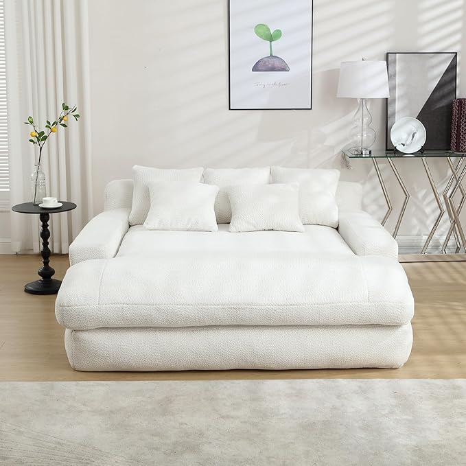 Chenille Double Chaise Lounge Indoor for Huge Person Upholstered Cloud Sofa Bed with 5 Pillows and Armrests Twin Sleeper Sofa Couch Bed for Living Room Guest Room Club (White)