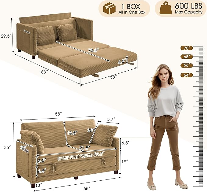 65 Loveseat Sleeper Sofa Bed Corduroy Convertible Sofa Bed for Small Spaces Folding Couch Bed with Deep Seat 2 Pillows &amp Solid Frame Pull Out Floor Couches for Living Room Brown
