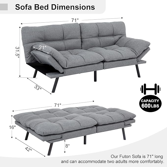 MUUEGM 71 Futon Sofa Bed Comfortable Memory Foam Futons Sofa with Adjustable Backrest &amp Armrests Convertible Loveseat Futon Bed for Compact Living Room Apartment Office Grey