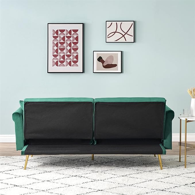 69.7'' Convertible Velvet Sleeper Sofa Bed Upholstered Futon Couch with Nail Head Trim and 2 Matching Throw Pillow for Living Room Bedroom Home Office (Green)