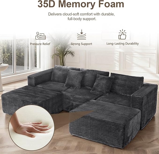 110 Modular Boneless Sectional Couch Corduroy Cloud Sofa with 2 Ottomans 3-5 Seater U-Shaped Memory Foam Sofa for Living Room Deep Seats No Assembly Gery