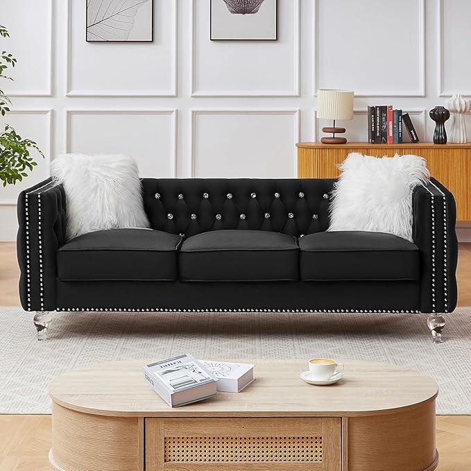 83 Chesterfield Sofa Velvet Mid-Century Modern Upholstered Couch with 2 Throw Pillows and Acrylic Legs Nailhead Button Tufted Vintage Sofa for Living Room Apartment Office Black