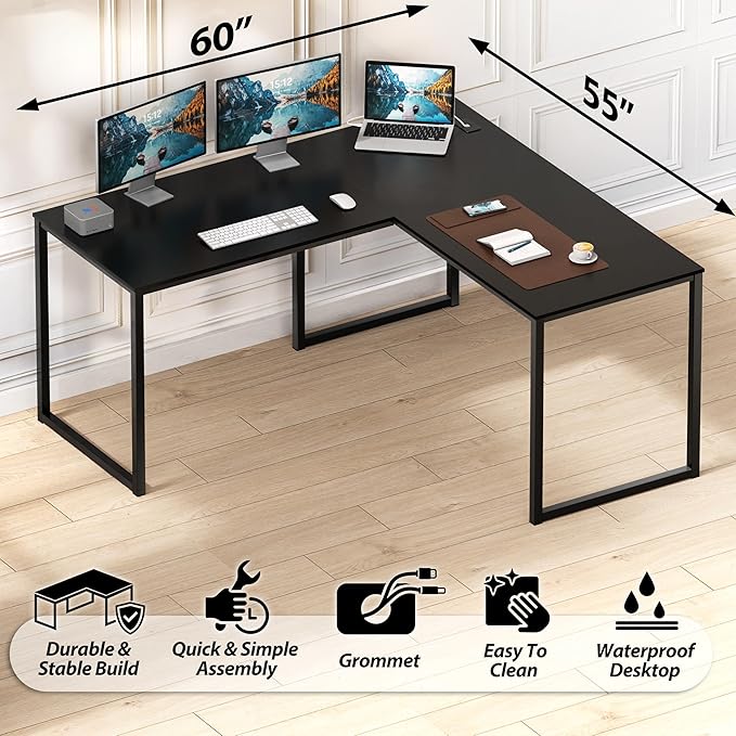SHW Mission 55 x 60 Inches L-Shape Home Office Computer Desk Black