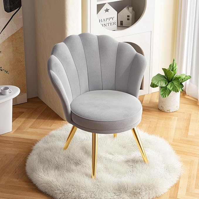 Velvet Accent Chair with Gold Metal Legs Vanity Chair for Makeup Room Upholstered Guest Chair for Living Room for Bedroom Grey