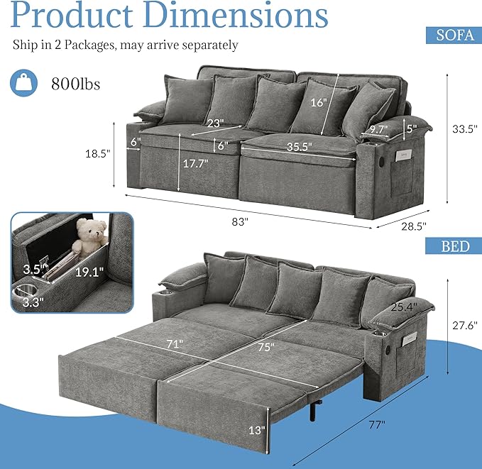 SUNWAVE 83 King Size Pull Out Sofa Bed 4-in-1 Convertible Sleeper Sofa Bed with USB Ports Cup Holders Side Pockets Corduroy Oversized Loveseat Chaise Lounge for Living Room Small Space (Gray)