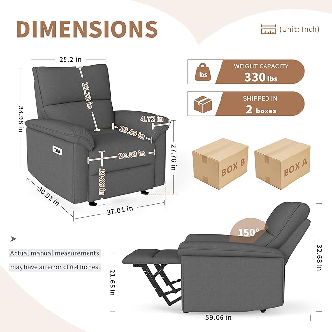 KEIKI Wall Hugger Recliner Chair Zero Wall Electric Recliner Chairs with USB Port Electric Recliner for Living Room Fabric Reclining Armchair for Small Space Dark Gray