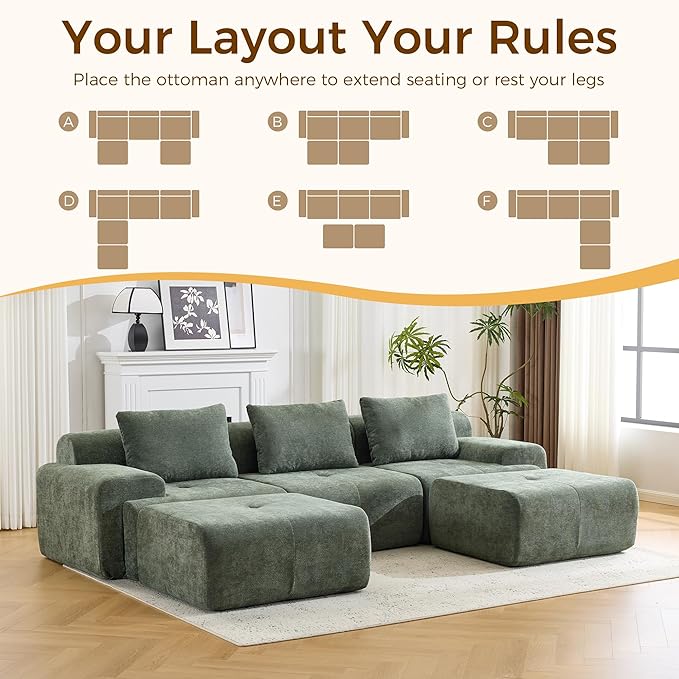 120.5 Modular Sectional Sofa Chenille Upholstered Boneless Couch Modern Deep Seat Cloud Sectional Couches for Living Room Oversized U-Shaped Couch with 2 Ottoman No Assembly Green