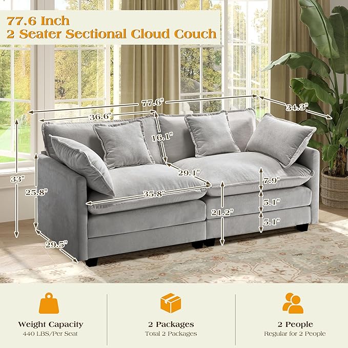 77.6 Modular Sectional SofaLoveseat Couch for Living Room Modern Deep Seat Sofa 2 Seater Chenille Fabric Comfy Cloud Couches with Throw Pillows for ApartmentSmall Spaces