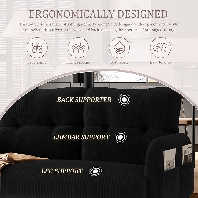 Loveseat Sofa 47” Small Sofa Couch for Living Room Comfy Corduroy Fabric Love Seat for Bedroom with Throw PillowRemovable Cushion CoverCouches for Small SpaceApartmentDorm (Black) | suitable for