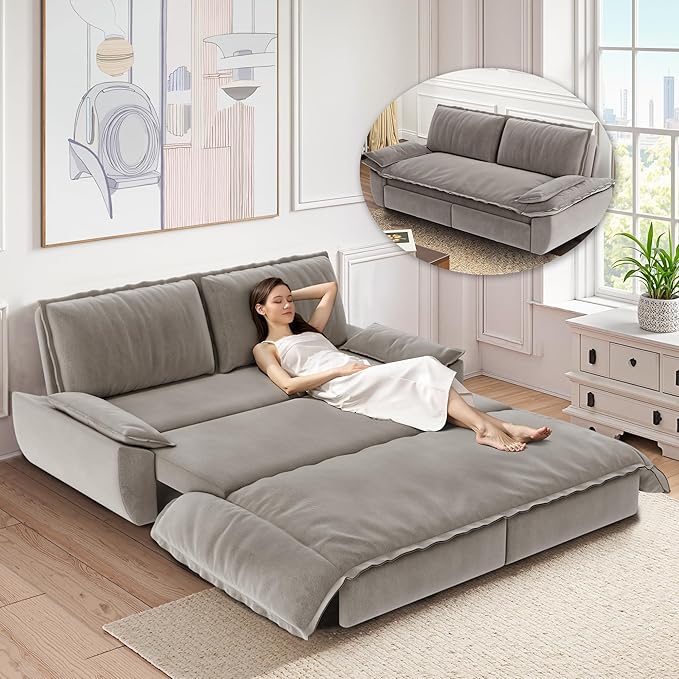 Queen Size Sleeper Sofa Bed 73.2 Inch Pull Out Couch Velvet Loveseat Sofa Bed 3 in 1 Convertible Queen Couch Beds for ApartmentBedroom Living Room Light Gray