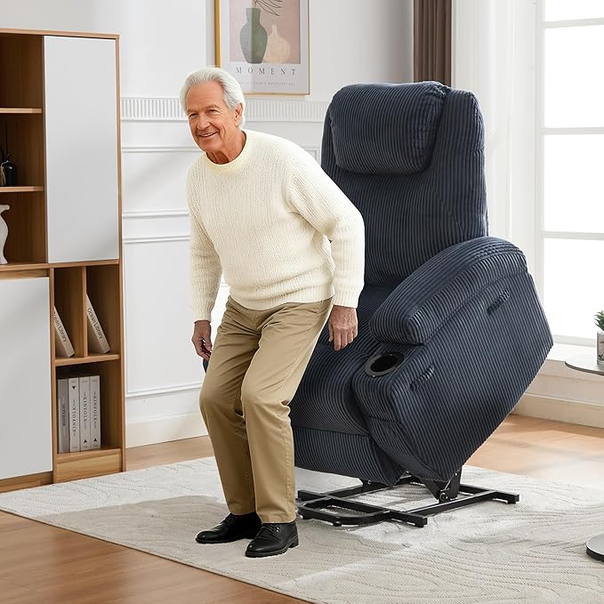 Power Lift Recliner Chair with Footrest for ElderlyLiving Room Single Sofa with Vibration Massage and Lumbar HeatingSide PocketsCup HoldersCorduroyBlue