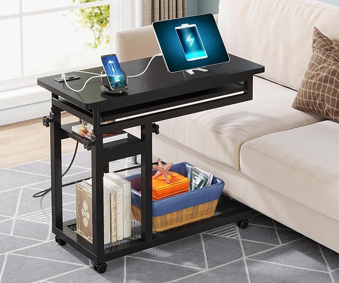 Tribesigns Small Portable Desk with Power Outlet Height Adjustable Sofa Couch Bedside Laptop Table with Wheels Mobile Standing Desk Rolling Computer Cart C Side Table with USB Ports