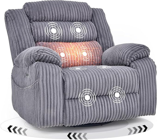 Power Swivel Rocker Recliner Chair for Adults with Massgae and Heat USB and Type-C Charging Port Infinite Position Electric Glider Rocking Chairs for Living Room Nursery Grey