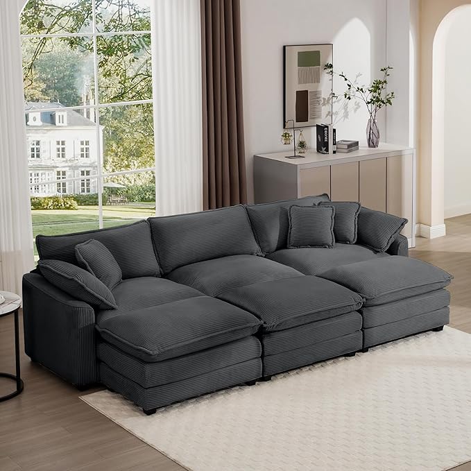 Aoowow Corduroy 3 Seater Sleeper Couch with OttomansLarge Cloud Couches for Living RoomTufted Modular Sectional Cloud Sofas Deep SeatOversized Chaise Lounge Sofa (Grey 3 Seater + 3 Ottoman)