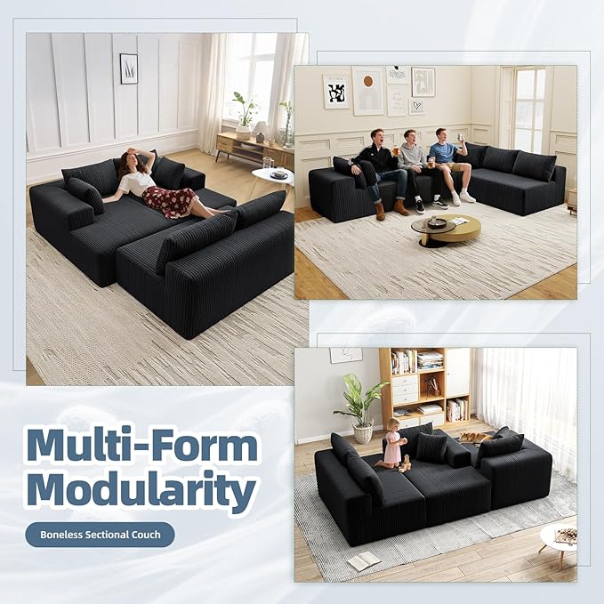 Cloud Couch U-Shaped Sectional Sofa 134'' Modular Boneless Couches for Living Room Corduroy Deep Seat Sofa with 2 Chaise Lounges and 1 Loveseat 30D High-Resilience Foam No Assembly Black