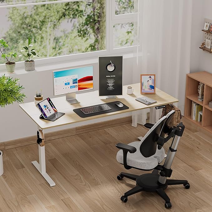 48 x 24 Inch Electric Standing Desk with 4 Wheels Height Adjustable Desk for Home Office Sit Stand Desk with 4 Memory Presets Headphone Hooks and Cable Clips Splice Board Oak
