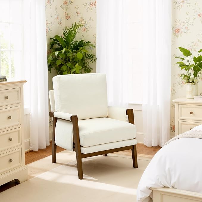 Accent Chairs for Living Room Set of 2 Modern Arm Chairs for Bedroom Wooden Upholstered Mid Century Accent Chairs Cream White