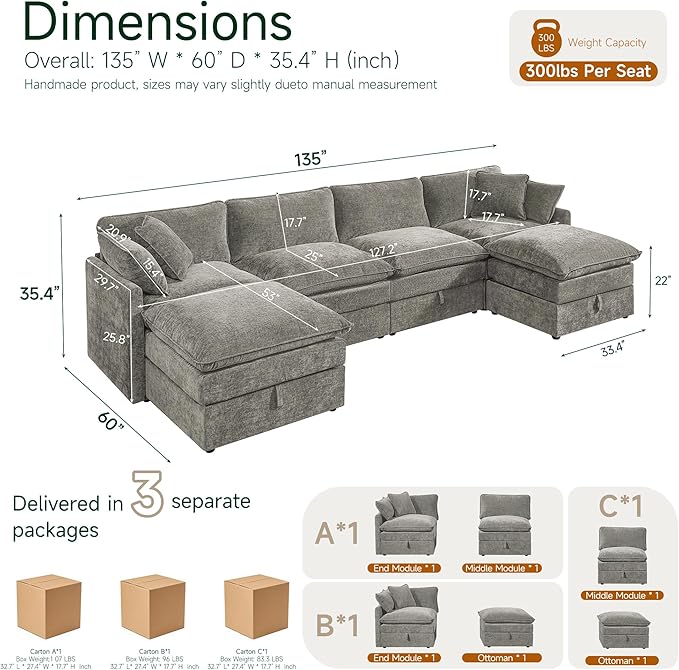 Modular Sofa with Storage 135 U Shape Sectional Cloud Couch Comfy Fabric Couch with Movable Ottoman 6 Seat Modern Deep Seat Sofa for Living Room (Grey Chenille)
